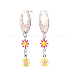 Orecchini pendenti lunghi ovali con fiore smaltato&nbsp;EJEW-N049-05A