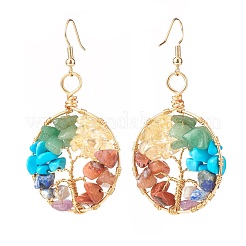 Bague tressée avec éclats de pierres précieuses mélangées naturelles et synthétiques avec boucles d'oreilles pendantes arbre de vie&nbsp;EJEW-JE04878-03