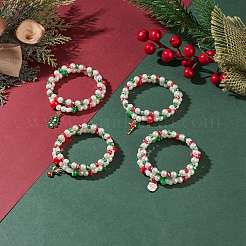 2 Stück 2 Stil Glasperlen & Bunte Malerei Pilzperlen Stretch-Armbänder Set mit Legierungs-Emaille-Weihnachtsanhänger für Frauen&nbsp;BJEW-JB08395