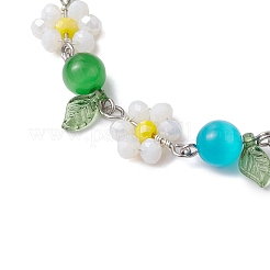 Bracelets en verre et œil de chat avec fleur et feuille pour femmes&nbsp;BJEW-TA00541