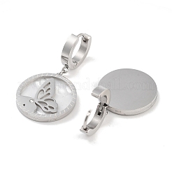 Links und rechts flache runde mit Schmetterling 304 Edelstahl Muschel baumeln Ohrringe&nbsp;EJEW-L283-071P