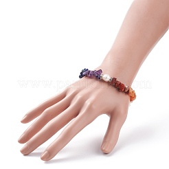Bracelet extensible perlé avec éclats de pierres précieuses mélangées et perle naturelle&nbsp;BJEW-JB08166-01