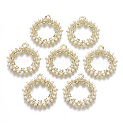 Colgantes de la aleación, con rhinestone de cristal y perlas de imitación de plástico abs, anillo, la luz de oro, 27x24x3.5mm, agujero: 1.6 mm