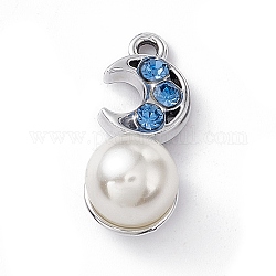 Pendenti strass in lega, con abs imitazione perla perline, fascino lunare, platino, zaffiro, 19x8x8.5mm, Foro: 1.4 mm