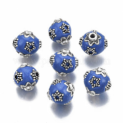 Manuell Indonesiene Perlen, mit Metall-Zubehör, Runde, Antik Silber Farbe, königsblau, 11~11.5x10.5~11 mm, Bohrung: 1.5 mm