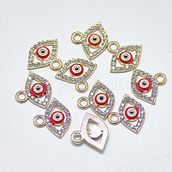 Alloy Charms, with Crystal Rhinestone and Red Enamel, Evil Eye, Light Gold, 14x16.5x2.5mm, Hole: 2mm