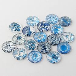 Bleu et blanc motif floral imprimé cabochons de verre à dos plat, demi-rond / dôme, bleu acier, 25x7mm