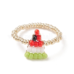 Арбузное кольцо из стеклянных косточек, растягивающееся кольцо из медной проволоки для женщин, зеленый желтый, размер США 9 (18.9 мм)