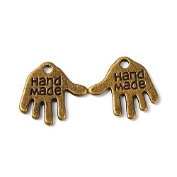 Tibetan Style Alloy Charms, Cadmium Free & Nickel Free & Lead Free, Hand Palm with Word Hand Made, Antique Bronze, 12.5x13x1mm, Hole: 1mm
