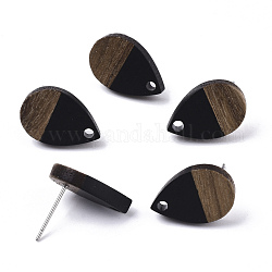 Resin & Walnut Wood Stud Earring Findings, with 304 Stainless Steel Pin, Teardrop, Black, 17x11mm, Hole: 1.8mm, Pin: 0.7mm