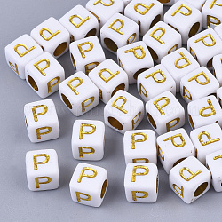 Perline acrilico placcato, foro orizzontale, metallo dorato allacciati, stile alfabeto, cubo, letter.p, 5.5~6x5.5~6x5.5~6mm, Foro: 3.5 mm, circa 3000pcs/500g