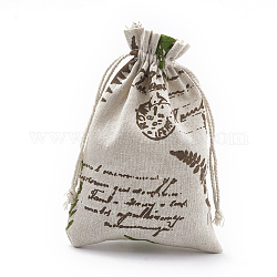 Sacs d'emballage en polycoton (polyester coton), avec feuille et mot imprimés, brun coco, 18x13 cm