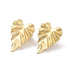 Ion Plating(IP) 304 Stainless Steel Stud Earrings, Leaf, Real 14K Gold Plated, 25x17.5mm