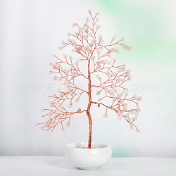 Undyed Natural Rose Quartz Chips Tree of Life Display Decorations, with Porcelain Bowls, Copper Wire Wrapped Feng Shui Ornament for Fortune, 145x205mm