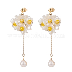 Plastic Pearl Cluster Flower with Long Tassel Dangle Stud Earrings, Gold Plated 304 Stainless Steel Jewelry for Women, White, 60mm, Pin: 0.8mm