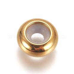 Vakuumbeschichtung von 304 Edelstahlperlen, mit Gummi innen, Schieberegler Perlen, Stopper Perlen, Rondell, golden, 8x4 mm, Bohrung: 3.5 mm, Gummiloch: 2mm