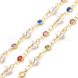 Brass Glass Flat Round Link Chains, with ABS Heart Beaded, Long-Lasting Plated, Soldered, with Spool, Colorful, 10x5x2mm, 14~15x6x4mm