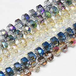 Abalorios de vidrio electroplate hebras, arco iris chapado, facetados, plano y redondo, color mezclado, 7~8x5mm, agujero: 1 mm, aproximamente 80 pcs / cadena, 21.26 pulgada
