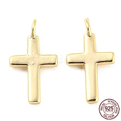 925 Sterling Silver Charms, with Jump Rings, Cross, with S925 Stamp, Real 18K Gold Plated, 10x5.5x2mm, Hole: 1.2mm