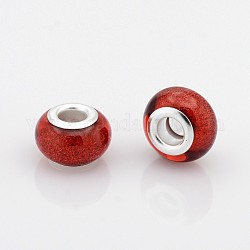 Perline europei grande foro resina rondelle, con anime in ottone placcato color argento, rosso, 14x9mm, Foro: 5 mm