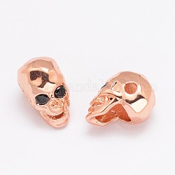 Eco-Friendly Brass Micro Pave Cubic Zirconia Beads, Skull, Lead Free & Nickel Free & Cadmium Free, Real Rose Gold Plated, 13x8x9.5mm, Hole: 2mm