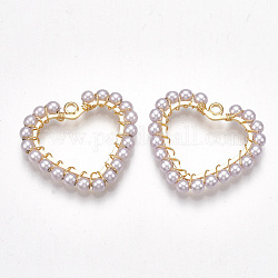 Colgantes de perlas de imitación de plástico abs, con fornituras de latón, sin níquel, real 18k chapado en oro, corazón, blanco, 24.5x27x3mm, agujero: 2 mm
