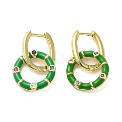 Real 18K Gold Plated Brass Ring Dangle Hoop Earrings, with Enamel and Cubic Zirconia, Green, 21x12.5mm