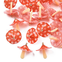 Ciondoli di plastica, con passanti in acrilico e ottone dorato, fungo, arancio rosso, 23x22~23mm, Foro: 1.5 mm
