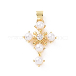 Ottone micro spianare pendenti zirconi, con abs imitazione perla, fascino croce di religione, oro, 25x16x5mm, Foro: 3.5x5 mm
