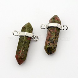 Natural Unakite Bullet Pointed Pendants, with Platinum Plated Brass Findings, Lead Free & Nickel Free, 26~35x19x9~10mm, Hole: 2mm