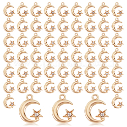 PandaHall Elite 100Pcs Alloy Crystal Rhinestone Pendant, Moon with Star, Light Gold, 16.5x13x2.5mm, Hole: 2mm