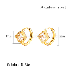 Cubic Zirconia Hoop Earrings, Real 18K Gold Plated 304 Stainless Steel Earrings, Rhombus, 16x12mm