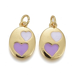 Colgantes de esmalte de latón, chapado en oro de larga duración, con anillos de salto, óvalo plano con patrón de corazón, púrpura, 15x10x1.5mm, agujero: 4.5x0.8 mm