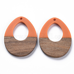 Colgantes de resina opaca y madera de nogal, dos tonos, lágrima, naranja oscuro, 37x28.5x3mm, agujero: 2 mm