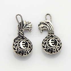 Hollow Tibetan Style Alloy Pendants, Lucky Bag with Euro Sign, Antique Silver, 35x15x9mm, Hole: 3x5mm