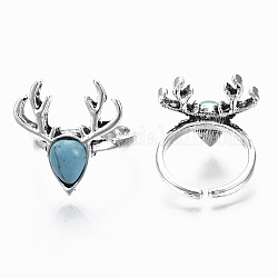 Synthetic Turquoise Cuff Finger Rings, Open Rings, with Zinc Alloy Findings, Cadmium Free & Lead Free, Christmas Reindeer/Stag, Antique Silver, Size 8, Inner Diameter: 18mm