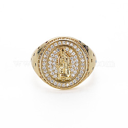 Цветной кубический цирконий плоско-круглый с широким кольцом-манжетой с Иисусом, латунная печатка открытое кольцо для женщин, без никеля , реальный 18k позолоченный, размер США 7 (17.3 мм)