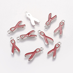 Alloy Enamel Pendants, Lead Free and Cadmium Free, Awareness Ribbon, Platinum Metal Color, Red, 19x8x1mm, Hole: 2mm