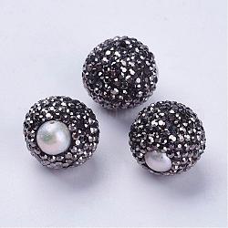 Messing Klasse A Strass-Perlen, mit natürlichen Perlen, Runde, Jet, 15.5x16x17 mm, Bohrung: 1 mm