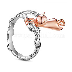 Shegrace 925 anillos de dedo de plata esterlina, forma de gato, plata antigua y oro rosa, tamaño de 10, 19.6mm