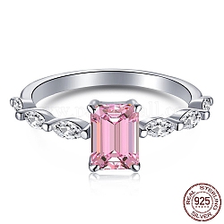 925 anello da dito in argento sterling rodiato, anello portafortuna, con rettangolo da donna con zirconi cubici 5a, Vero platino placcato, perla rosa, 1.7mm, misura degli stati uniti 7 (17.3mm)