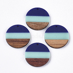 Colgantes de resina tricolor y madera de nogal, plano y redondo, azul oscuro, 28x3.5mm, agujero: 2 mm