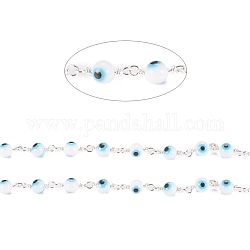 3.28 Feet Handmade Evil Eye Lampwork Round Beaded Chains, with Brass Findings, Unwelded, Long-Lasting Plated, Silver, Light Blue, 15x3x6x1.8mm, Beads: 6mm