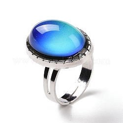 Овальное кольцо настроения из стекла, изменение температуры, цвет, чувство, чувство, регулируемое кольцо из сплава для женщин, платина, внутренний диаметр: 17.5~18.4 мм
