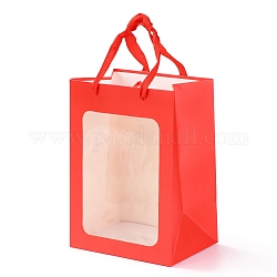 Прямоугольные бумажные подарочные пакеты, портативная сумка для покупок из крафт-бумаги, с пластиковым окном и ручками из полиэстера, красные, 40.5 см