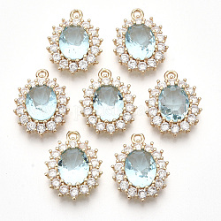 Transparent Faceted Glass Pendants, with Clear Rhinestone and Golden Tone Brass Open Back Settings, Oval, Pale Turquoise, 20x15x6mm, Hole: 1.4mm