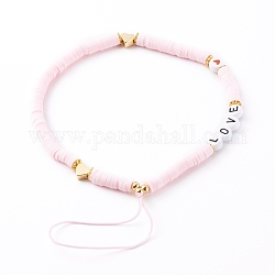 Heishi Perlen-Mobile-Riemen aus Polymerton, Telefonschmuck, mit Acryl-Emaille-Perlen und Messingperlen, Wort Liebe, golden, rosa, 20 cm