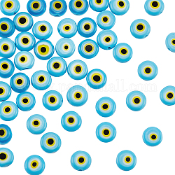 Nbeads hecho a mano mal de ojo murano cuentas hebras, plano y redondo, el cielo azul, 7.5x3mm, agujero: 1 mm, aproximamente 48 pcs / cadena, 13.70''~14.9