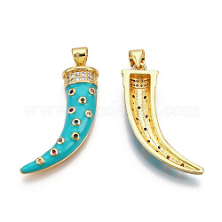 Brass Micro Pave Cubic Zirconia Pendants, with Enamel and Brass Snap on Bails, Scabbard/Tusk, Real 18K Gold Plated, Turquoise, 28x9x5mm, Hole: 3x5mm
