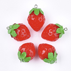 Pendentifs en résine, avec les accessoires en fer de tonalité de platine, nourriture imitation, fraise, rouge, 29~32x21mm, Trou: 2mm
